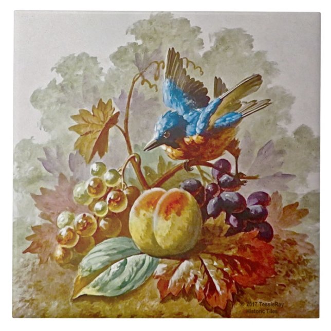 Cerâmica Azulejo de pássaro e Fruta pintado à mão pela Repr (Frente)