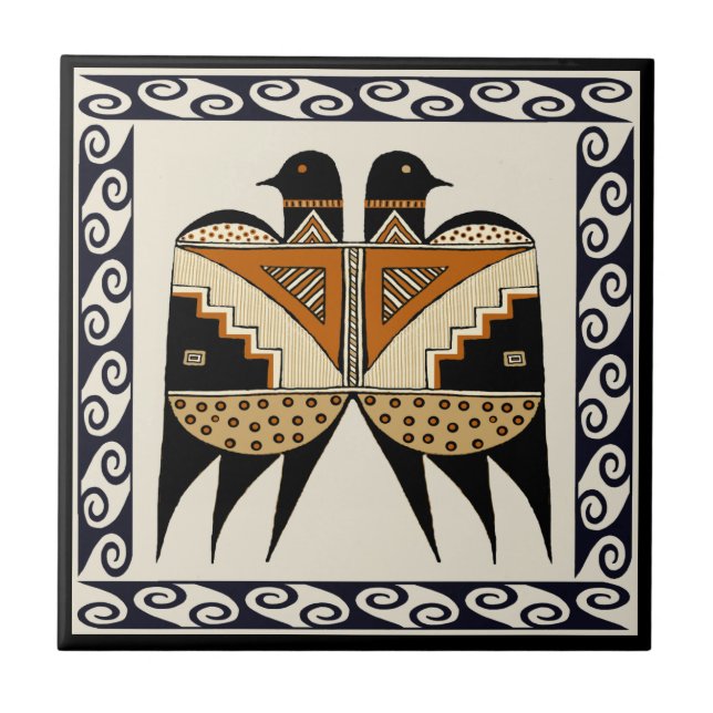 Cerâmica Azulejo de Pássaros Codornizes Gêmeas Mimbres Indí (Frente)