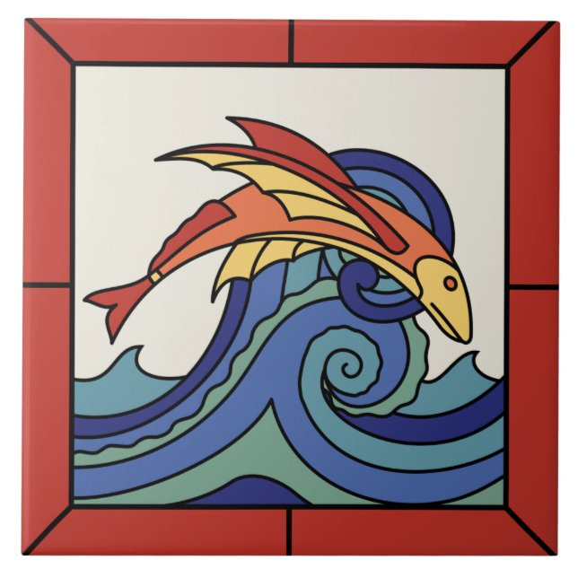 Cerâmica Azulejo de Peixes Voadores da Ilha Catalina na Fro (Frente)