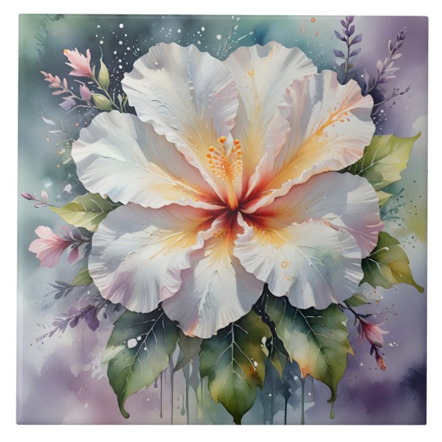 Cerâmica azulejo de sonho de hibisco branco (Frente)