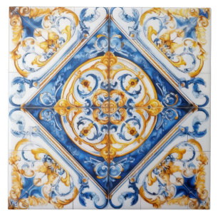 Cerâmica Azulejo de Talavera Azul Ouro e Branco com Aparênc