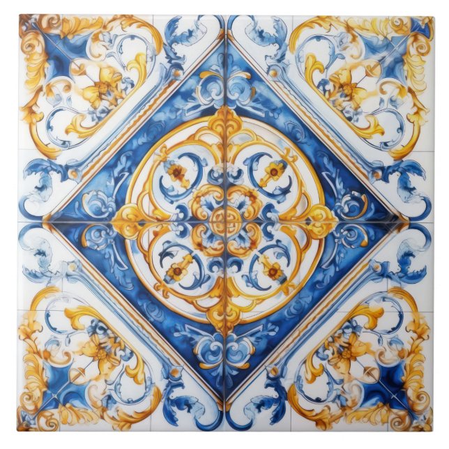 Cerâmica Azulejo de Talavera Azul Ouro e Branco com Aparênc (Frente)