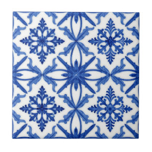 Cerâmica Azulejo de Telha Floral Azul Branco