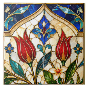Cerâmica Azulejo de Vidro Colorido Tulipa Vermelha de Damas