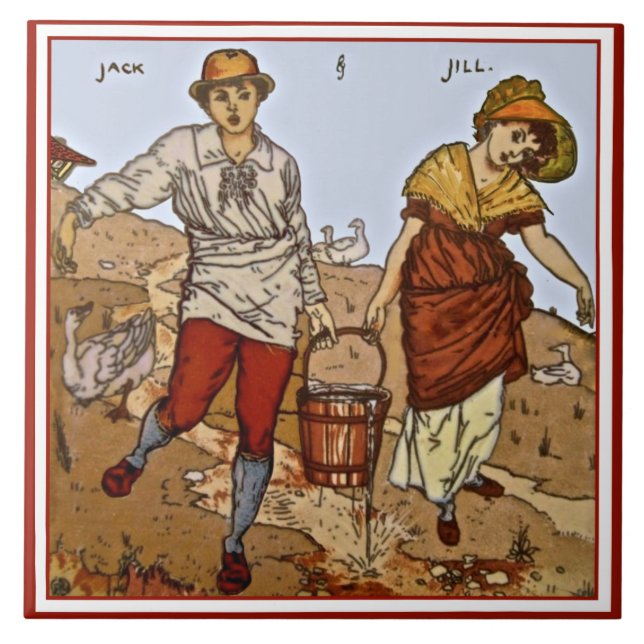 Cerâmica Azulejo de Walter Crane "Jack & Jill" c1890 Repro (Frente)