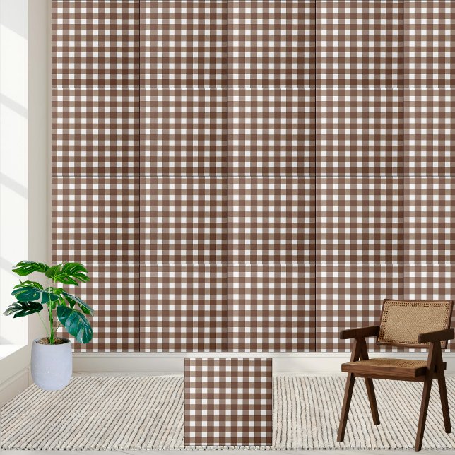 Cerâmica Azulejo de Xadrez Marrom e White Gingham (Brown and White Gingham Checkered Plaid Tile)