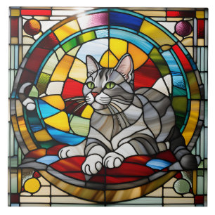 Cerâmica Azulejo Decorativo de Vidro Colorido de Gato Cinza