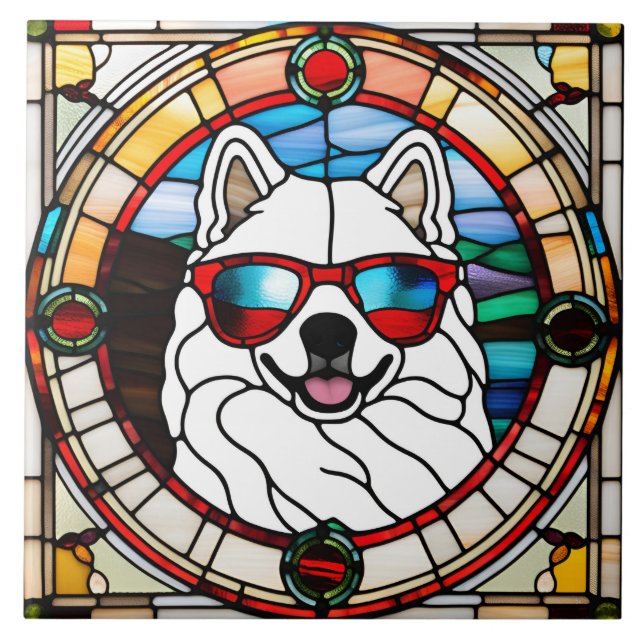 Cerâmica Azulejo Decorativo de Vidro Colorido Samoyed (Frente)