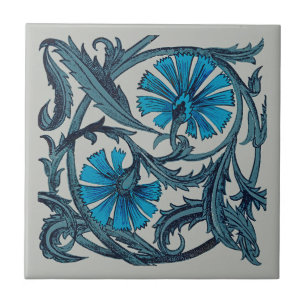 Cerâmica Azulejo decorativo rústico de arte floral azul vin