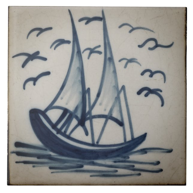 Cerâmica Azulejo Delft Azul Barco de Vela de Software de Re (Frente)