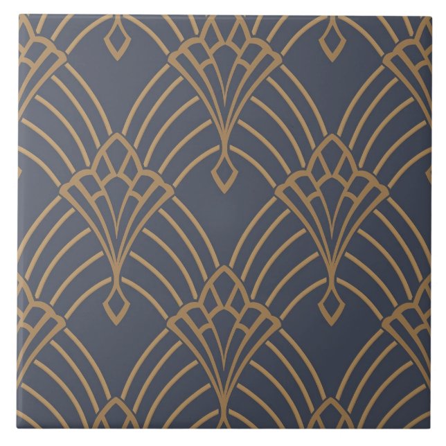 Cerâmica Azulejo - Design de Leque Art Deco Dourado (Frente)