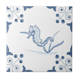 Cerâmica Azulejo do cavalo marinho de Delft com cantos do
