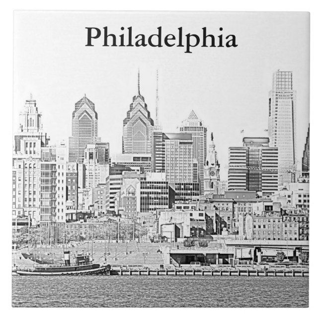 Cerâmica Azulejo do esboço da skyline de Philadelphfia (Frente)