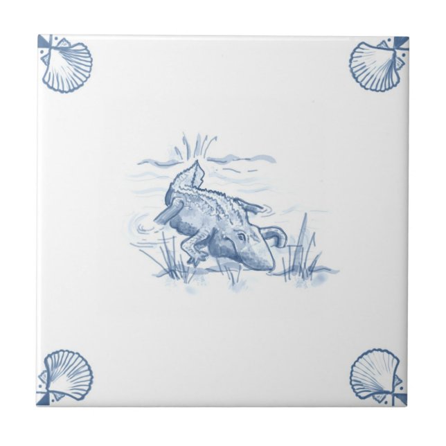 Cerâmica Azulejo do jacaré de Delft com cantos de Shell (Frente)