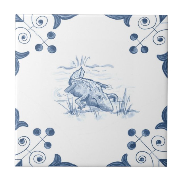Cerâmica Azulejo do jacaré de Delft com cantos do rolo (Frente)