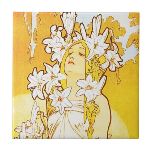 Cerâmica Azulejo do lírio de Alphonse Mucha (Frente)