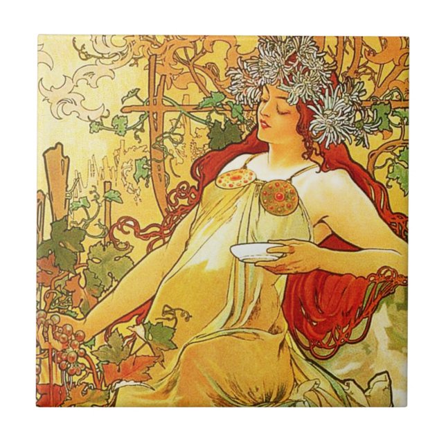 Cerâmica Azulejo do outono de Alphonse Mucha (Frente)