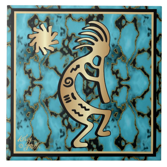 Cerâmica Azulejo Dourado Sudoeste De Kokopelli E Sun Cerâmi (Frente)