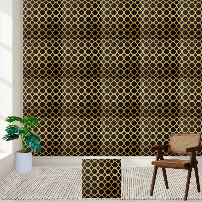 Cerâmica Azulejo Elegante de Padrões Geométricos Dourados e (Elegant Black and Gold Geometric Pattern Tile)