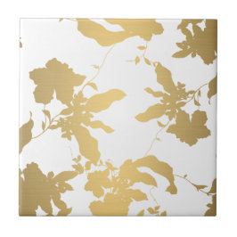 Cerâmica Azulejo Elegante Dourado de Padrão Floral Branco C