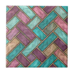 Cerâmica Azulejo Espinha de Peixe em Verde-Azul e Malva - T
