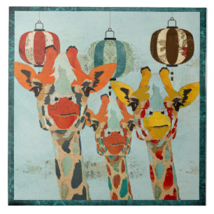 Cerâmica Azulejo espreitando de três girafas