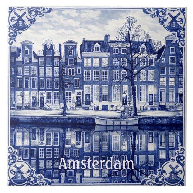 Cerâmica Azulejo estilo Delft Blue com canal de Amsterdã (Frente)