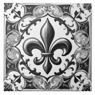 Cerâmica Azulejo Fleur de Lis - Azulejo cerâmico preto e br