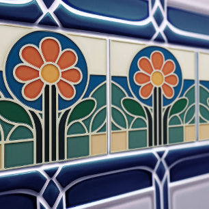 Cerâmica Azulejo Floral de Arte Nova com Margarida Vibrante
