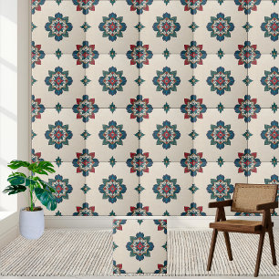 Cerâmica Azulejo Floral de Mandala em Vermelho Teal e Verde