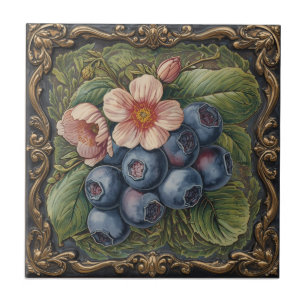 Cerâmica Azulejo Floral de Mirtilos em Azul Art Nouveau Vin