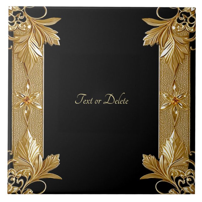 Cerâmica Azulejo Floral de Ornamentado Negro Dourado (Frente)