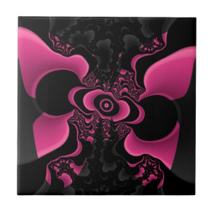Cerâmica Azulejo Fractal de Borboleta Preta e Rosa
