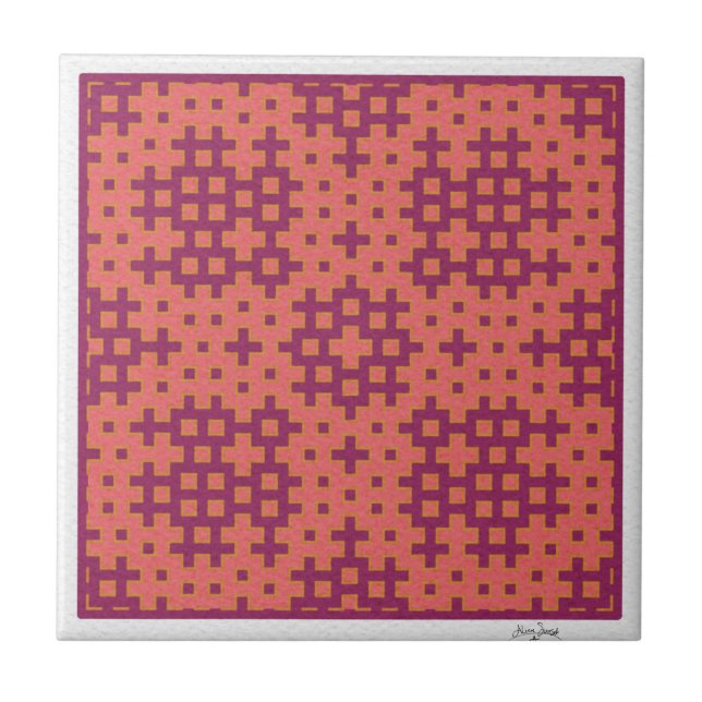 Cerâmica azulejo geométrico de salmão e fuchsia Hitomezashi (Frente)