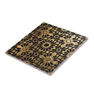 Cerâmica Azulejo Marroquino Preto de Luxo e Dourado