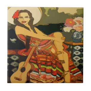 Cerâmica Azulejo Mural de Mulher do Violão Flamenco