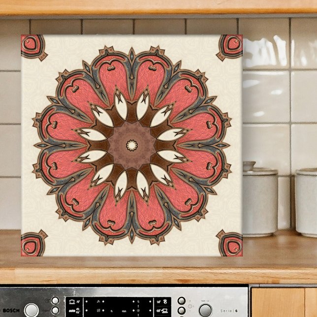 Cerâmica Azulejo na moda Abstrato de Arte Geométrica (Tile featuring an abstract geometric star pattern inspired by Mediterranean art in warm earth tones )