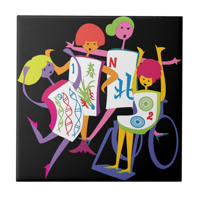Cerâmica Azulejo Negro de dança feliz Mah Jongg (Frente)