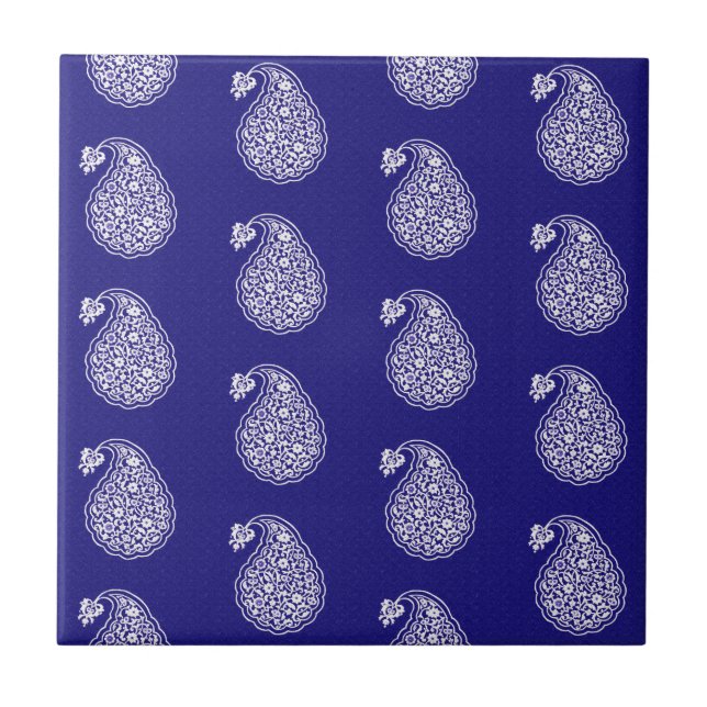 Cerâmica Azulejo persa paisley - branco no azul de índigo (Frente)
