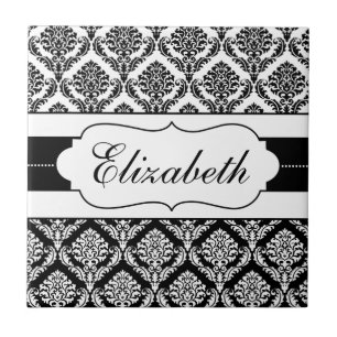 Cerâmica Azulejo Personalizado de Damasco Preto e Branco