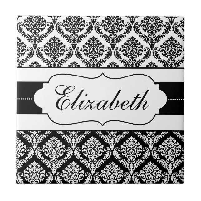 Cerâmica Azulejo Personalizado de Damasco Preto e Branco (Frente)
