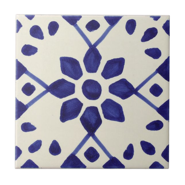 Cerâmica Azulejo Pintado de Mão Azul e Branco Mexicano (Frente)