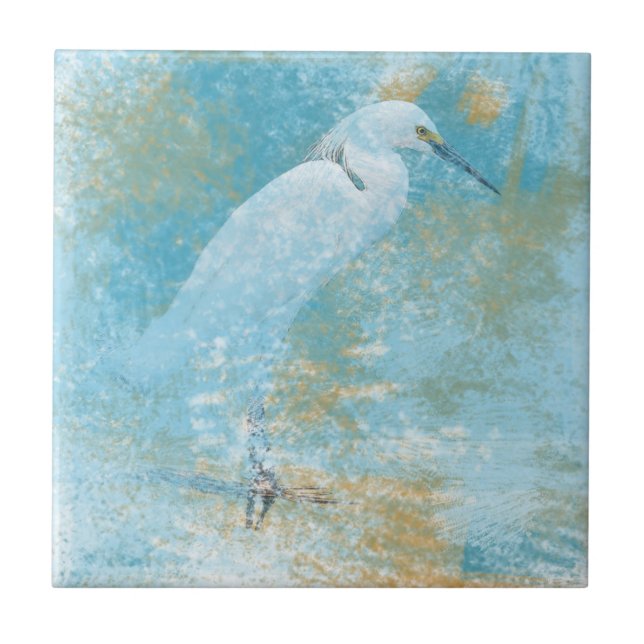 Cerâmica Azulejo Pintado de Neve Egret Pequeno Quadrado (Frente)
