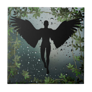 Cerâmica Azulejo Silhueta de Anjo de Vidro com Hera Chuvosa