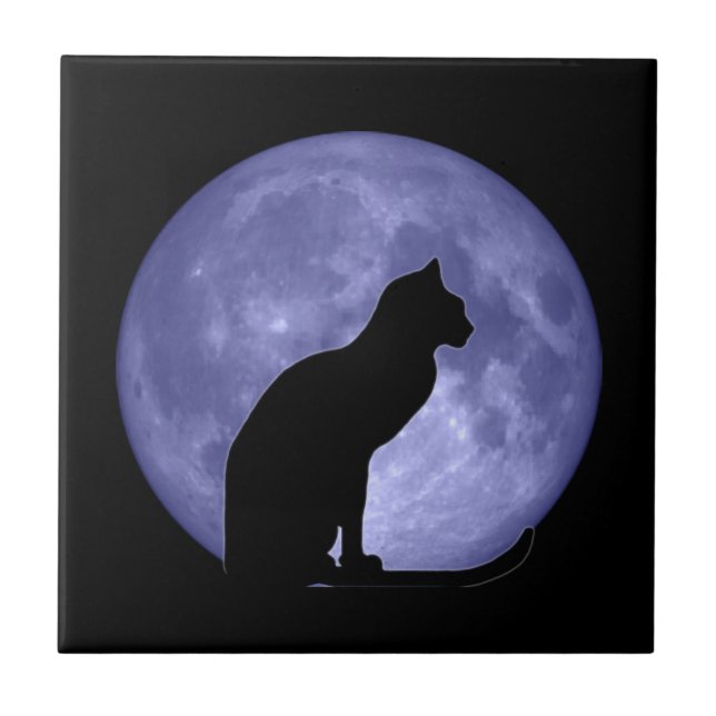 Cerâmica Azulejo Trivet da lua azul de gato preto (Frente)