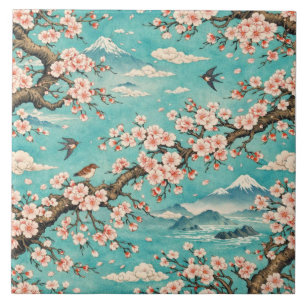 Cerâmica Azulejo Ukiyo-e Flor de Cerejeira Sakura