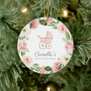 Cerâmica Bebê Garota Rosa Floral Primeiro Ornamento de Nat