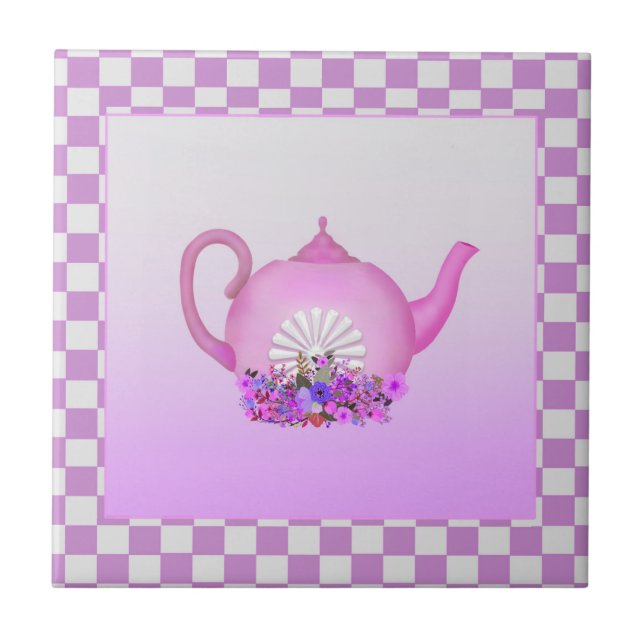 Cerâmica Bela chaleira rosa com Azulejo cerâmico de flores (Frente)