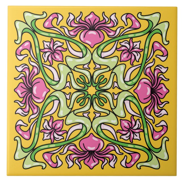 Cerâmica Belo azulejo de Arte Nouveau com flores íris (Frente)