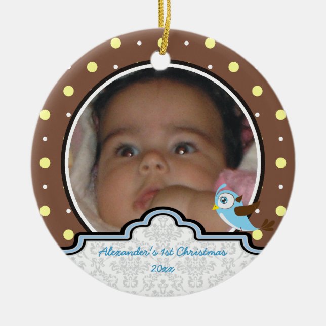 Cerâmica Bolinhas bebê primeiro ornamento de fotos de Natal (Frente)